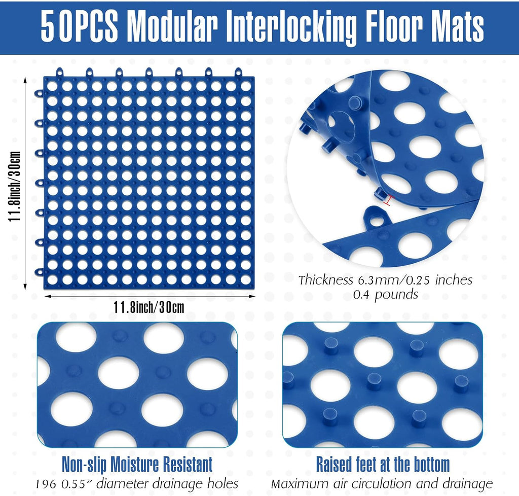 50 Pcs Drainage Mats 11.8'' x 11.8'' Modular Interlocking Floor Drainage Tiles Splicing Pool Floor Mat, Non Slip TPE