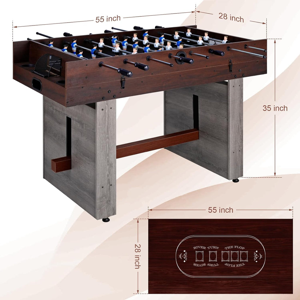 4-in-1 Combo Game Table 55" Multi-Game Table with Foosball, Electric Air Hockey (Powerful 700mA Motor), Ping Pong & Poker Great for Home & Game Room Fun