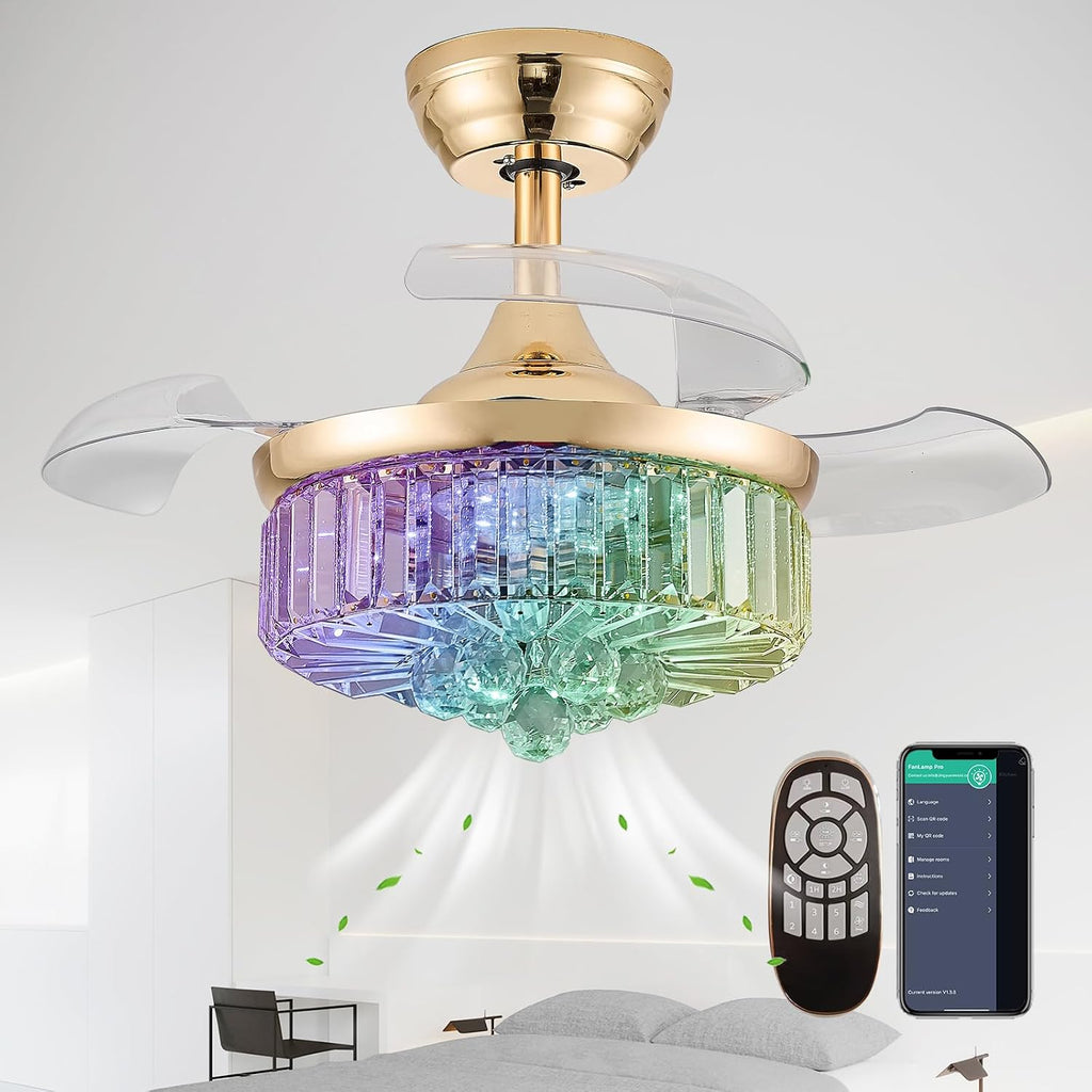 30" Retractable Crystal Ceiling Fan with Light, RGB Modern Fandelier 6 Speeds Reversible Blades Dimmable Chandelier