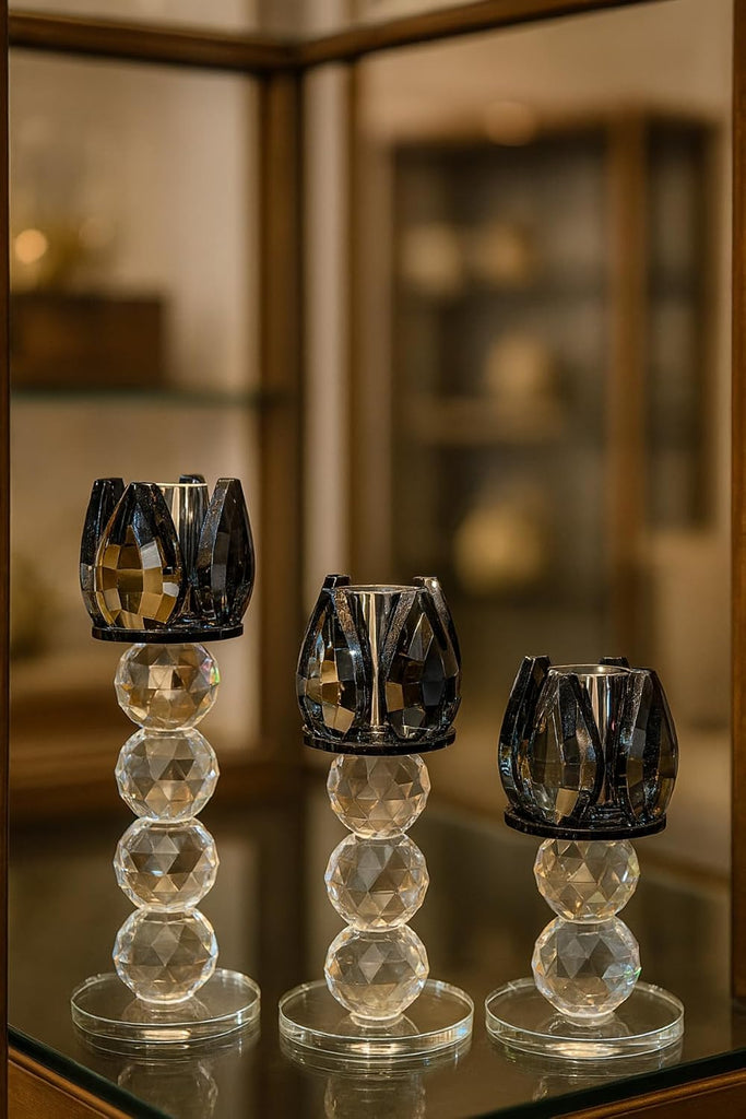 Quality Crystal Candle Holder Set 3 Piece Black Modern Glam for Dining Table, Console, Living Room - 6.3" x 5.5" - Black