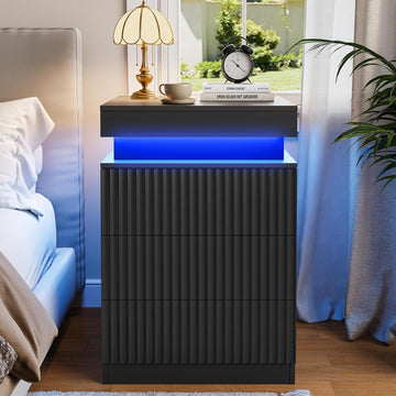 Nightstand with Charging Station and LED Lights, Modern Black Night Stand with Sliding Top, Fluted Bedside Table with