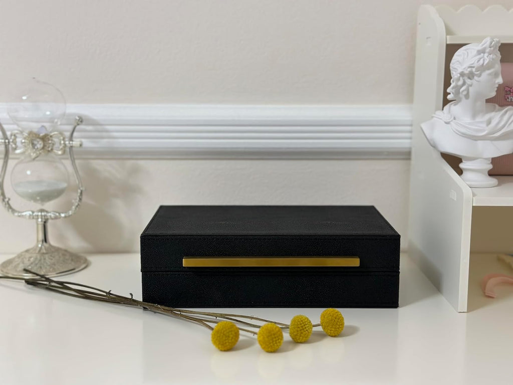 Sagala Black Decorative Shagreen Box With Gold Handle, Keepsake Box Jewelry Organizer Box, Faux Leather Storage Box