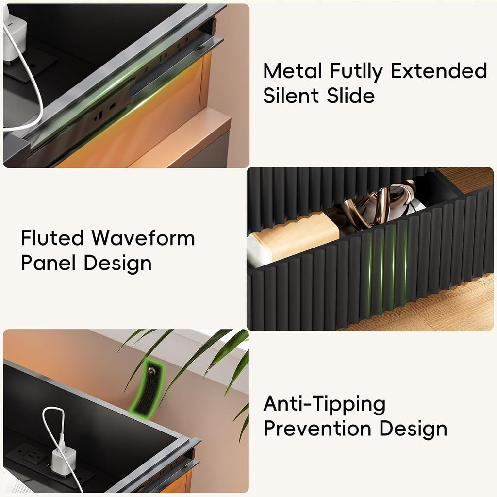 Nightstand with Charging Station and LED Lights, Modern Black Night Stand with Sliding Top, Fluted Bedside Table with