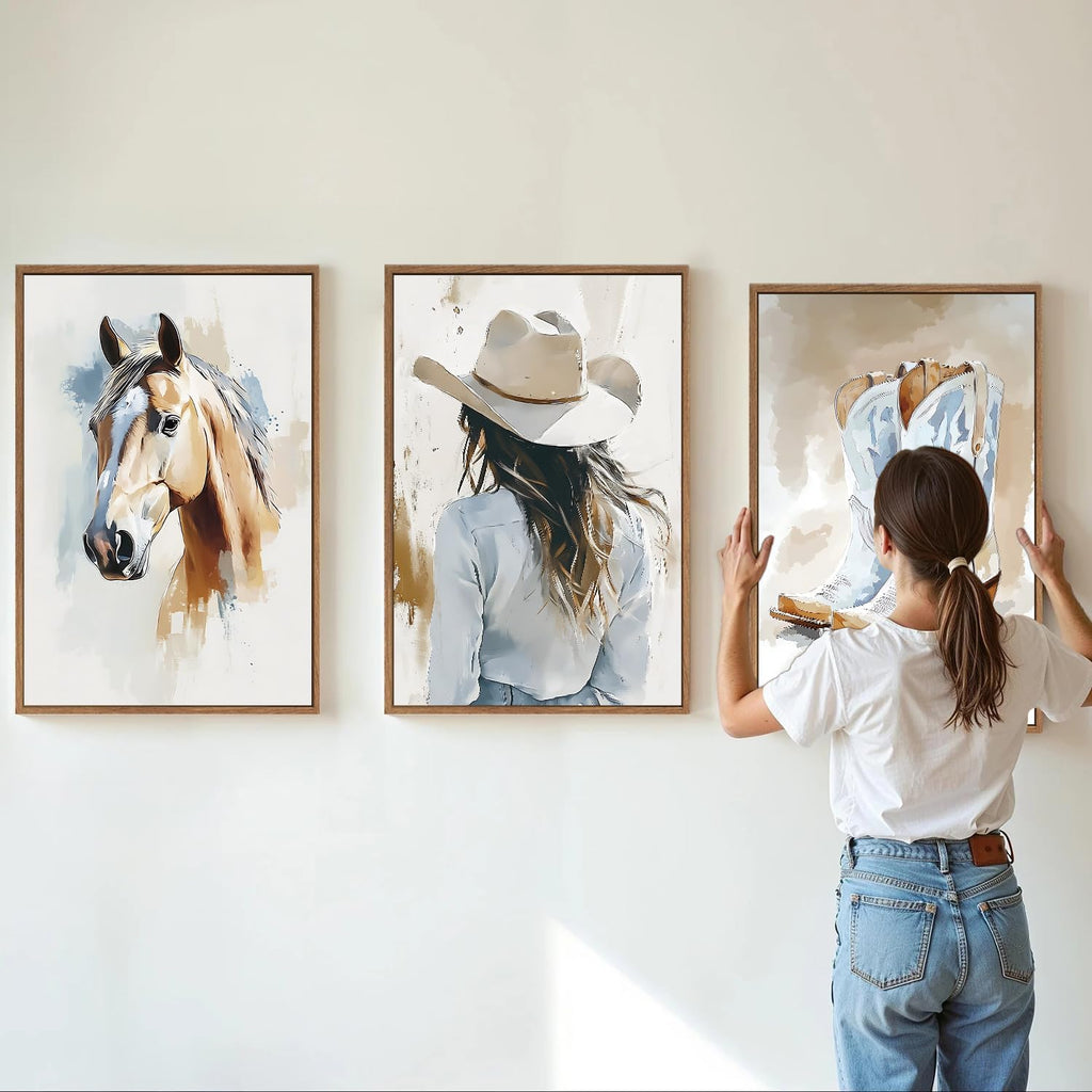 Large Western Cowgirl Posters Framed Canvas Wall Art Set, Blue and White Horse Wall Decor, Glam Rodeo Boots Art