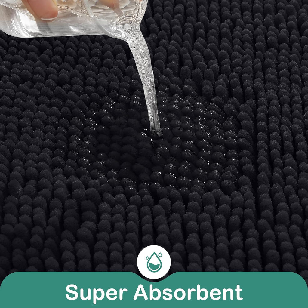 Black Bathroom Rug Sets 2 piece, Ultra Soft Non Slip Absorbent Chenille Toilet Bath Mat Set (Black)