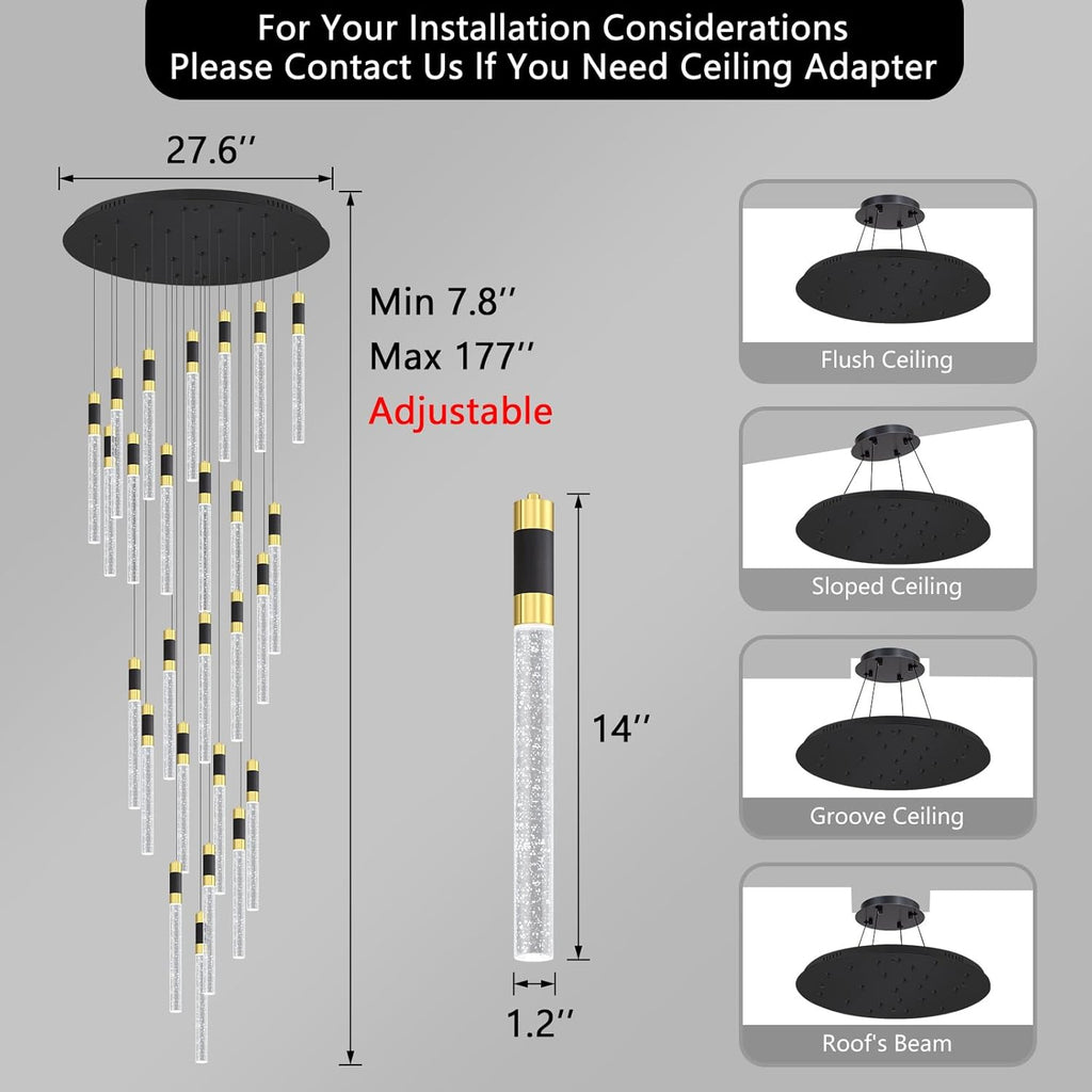Modern 14.5ft LED Chandeliers for Living Room, Dining Room, Entryway - Dimmable Crystal Cylinder Pendant Lights