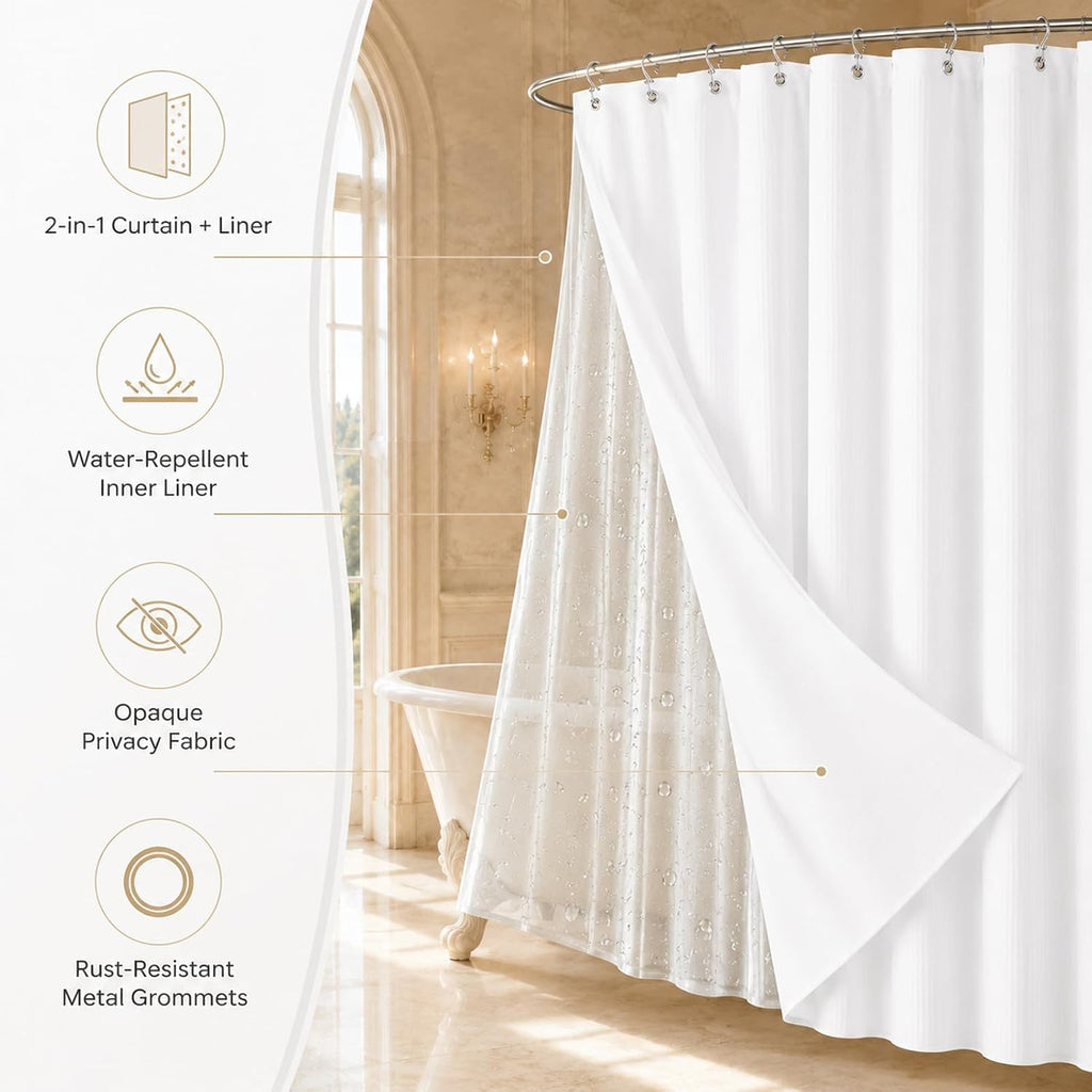 Waterproof Waffle Shower Curtain, 258GSM Heavy Duty 3 Piece Set with Clear Liner and 12 Stainless Steel Hooks