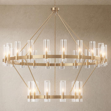 Inspired Ravelle Style 30-Lights Gold Chandelier,Wagon Wheel Chandelier with Glass Shade,60 Inch Large Round Industrial High Ceilings Pendant Lighting Fixture for Dining Room, Living Room, Kitchen Island, Foyer