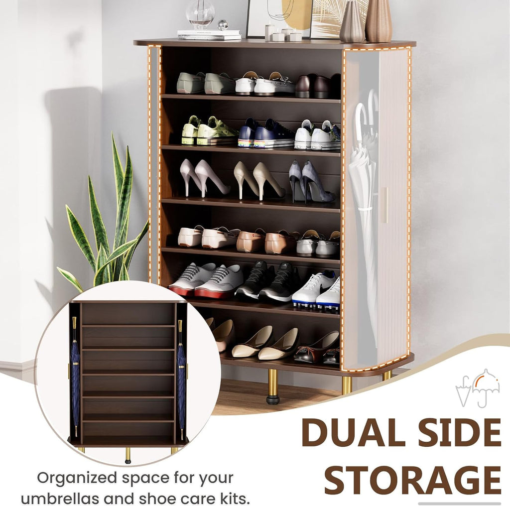 6-Tier 33'' Shoe Cabinet with Sliding Door, Wooden Shoe Storage Cabinet with Adjustable Shelves, Mid-Century Modern