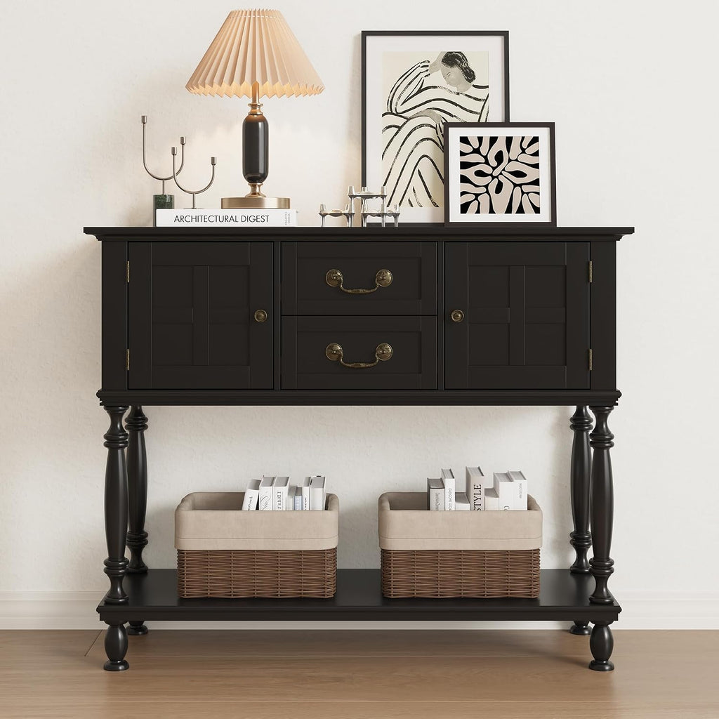 Farmhouse Console Table with Storage, Narrow Entryway Table with 2 Drawers & 2 Door Cabinets, Sofa Table Behind Couch