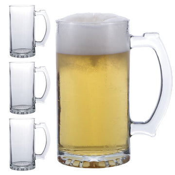 Beer Glasses Set Of 4, 26 Oz Lead-Free Thick Glass Mugs With Handles, Cylindrical Beer Steins