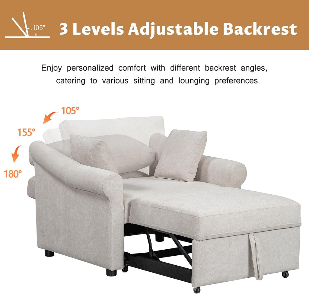 Convertible Sleeper Chair with Adjustable Backrest and Pillows, 3-in-1 Chenille Lounge Chair to Single Bed, Living