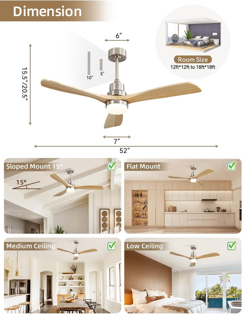 52 Inch Wood Ceiling Fan with Light and Remote - Dimmable 3-CCT LED, Reversible DC Motor - Sandy Nickel & Natural Wood
