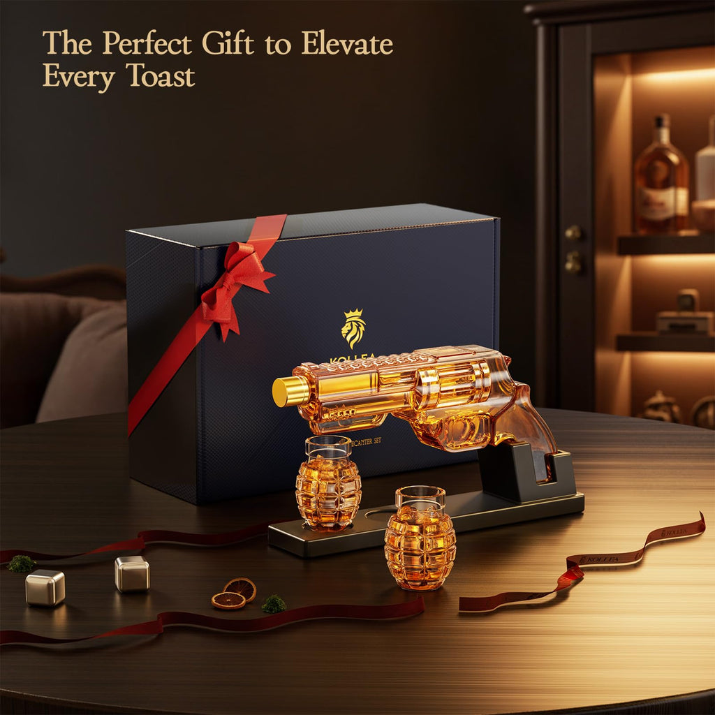 Handcrafted Whiskey Decanter Gift Set with 2 Grenade Glasses