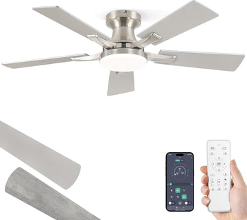 42 Inch Ceiling Fan with Light, App&Remote Control, Flush Mount Low Profile, Dimmable 20W LED Light, Quiet Reversible Motor for Bedroom, Living Room, Apartment, Nickel