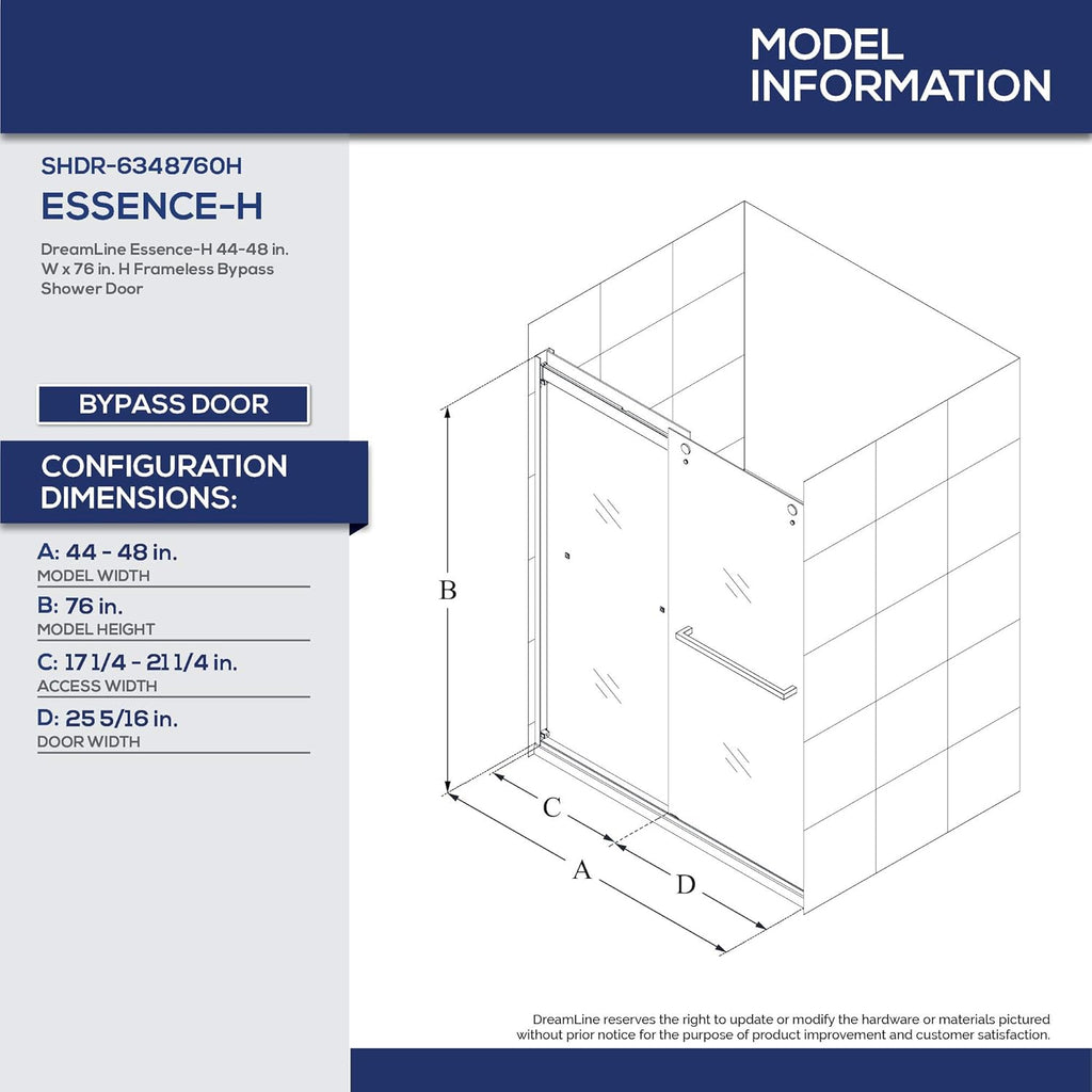 Essence-H 44-48 in. W x 76 in. H Semi-Frameless Bypass Shower Door in Brushed Nickel, SHDR-634876H-04