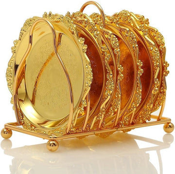 Collection Gold Coaster Creative Drink Coasters with Decorative Rack Non-Slip Metal Cup Mats Tabletop Display - Set of 6