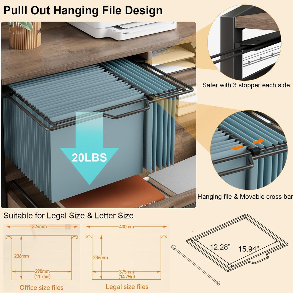 33 Inch Filing Cabinet ,Rustic Oak File Cabinet | Mobile Rolling Printer Stand with Storage Shelf with Drawer for