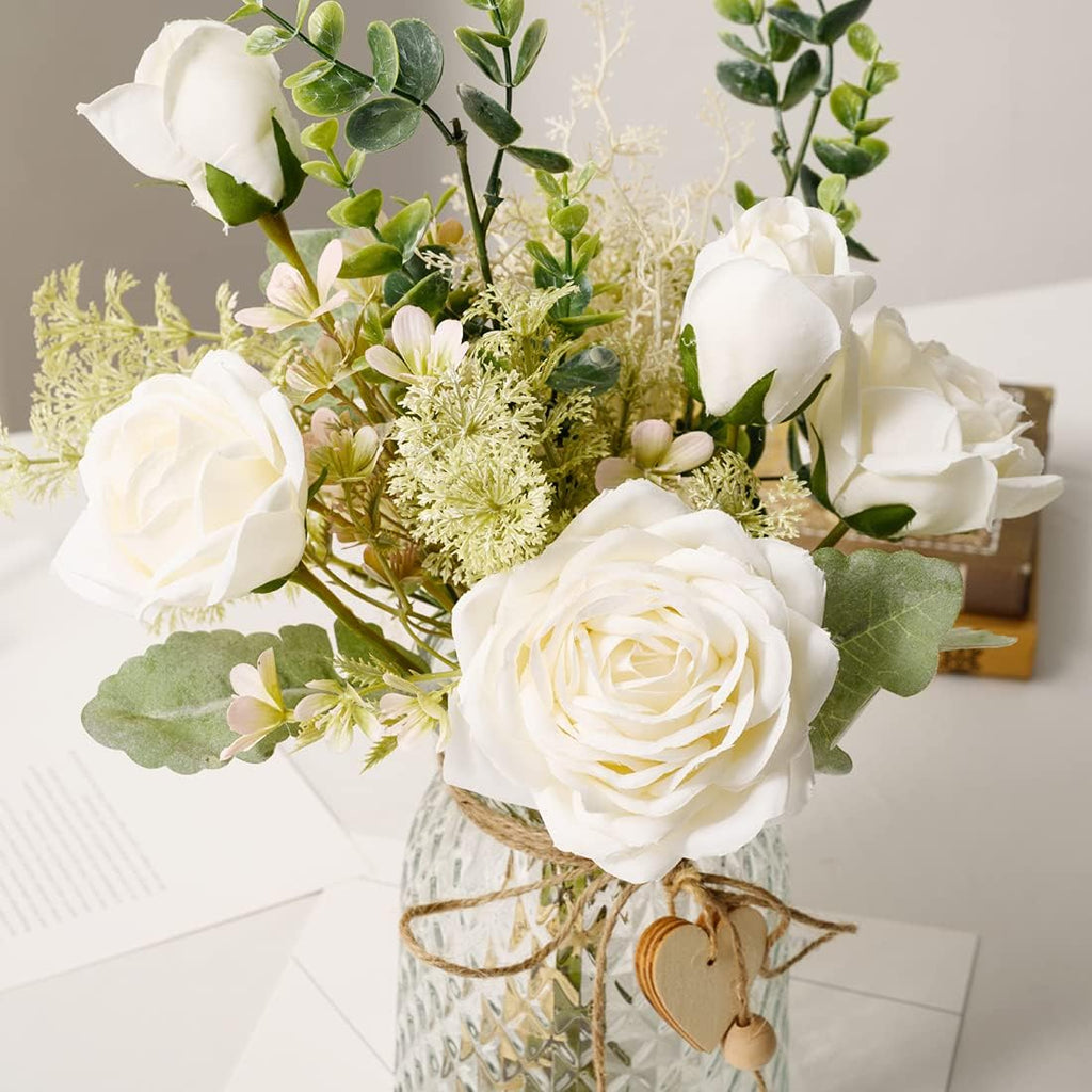 Fake Flowers with Vase, Silk Roses Artificial Flowers in Vase, Faux Flower Plant Arrangement Suitable Decoration