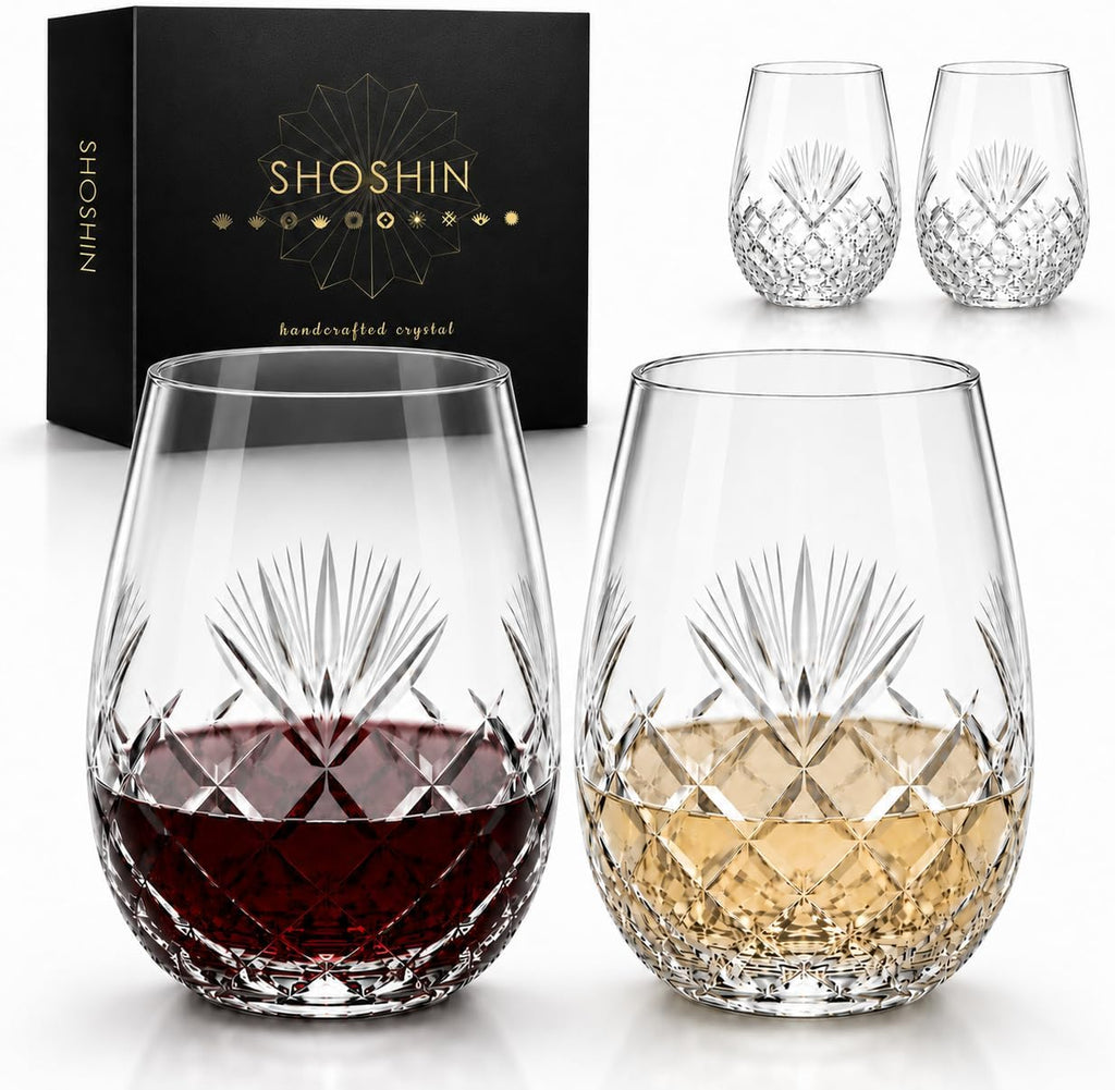 Hand Cut Stemless Wine Glass Set of 4, Large 18 oz Crystal Wine Glass, Wine Tumblers for Red and White Wine, Water