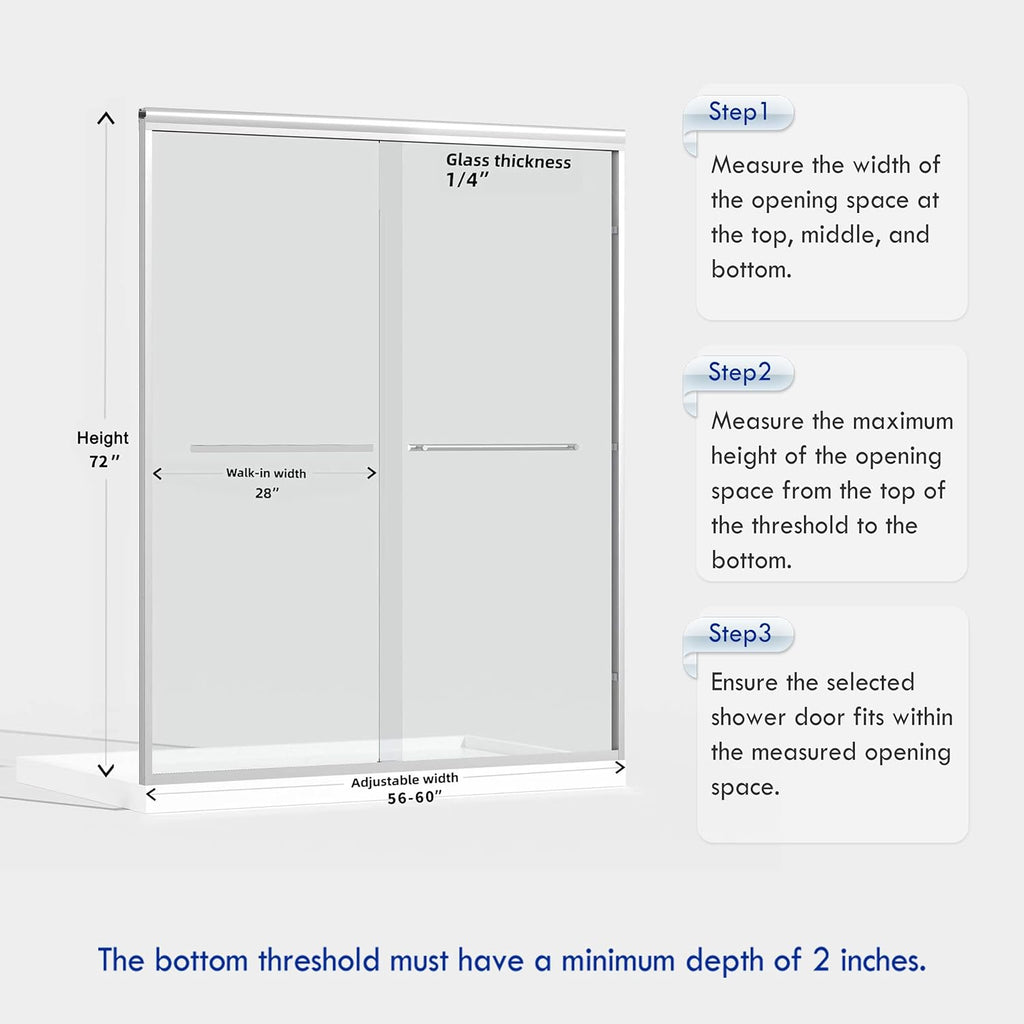 56-60" W x 72" H Semi-Frameless Bypass Sliding Shower Door, Easy-to-Clean Treated Clear Tempered SGCC Glass