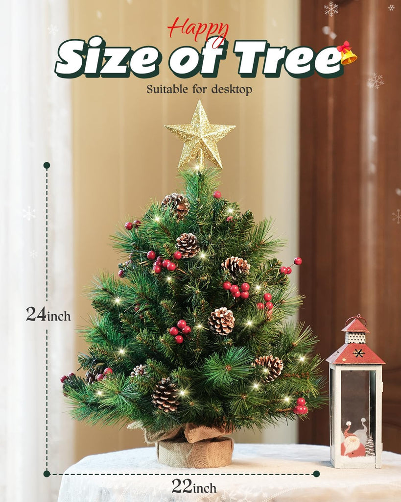 Tabletop Pre-lit Christmas Tree with Star Treetop, 1 to 4 ft, Clear LED Lights, Artificial Xmas with Burlap Base for Table