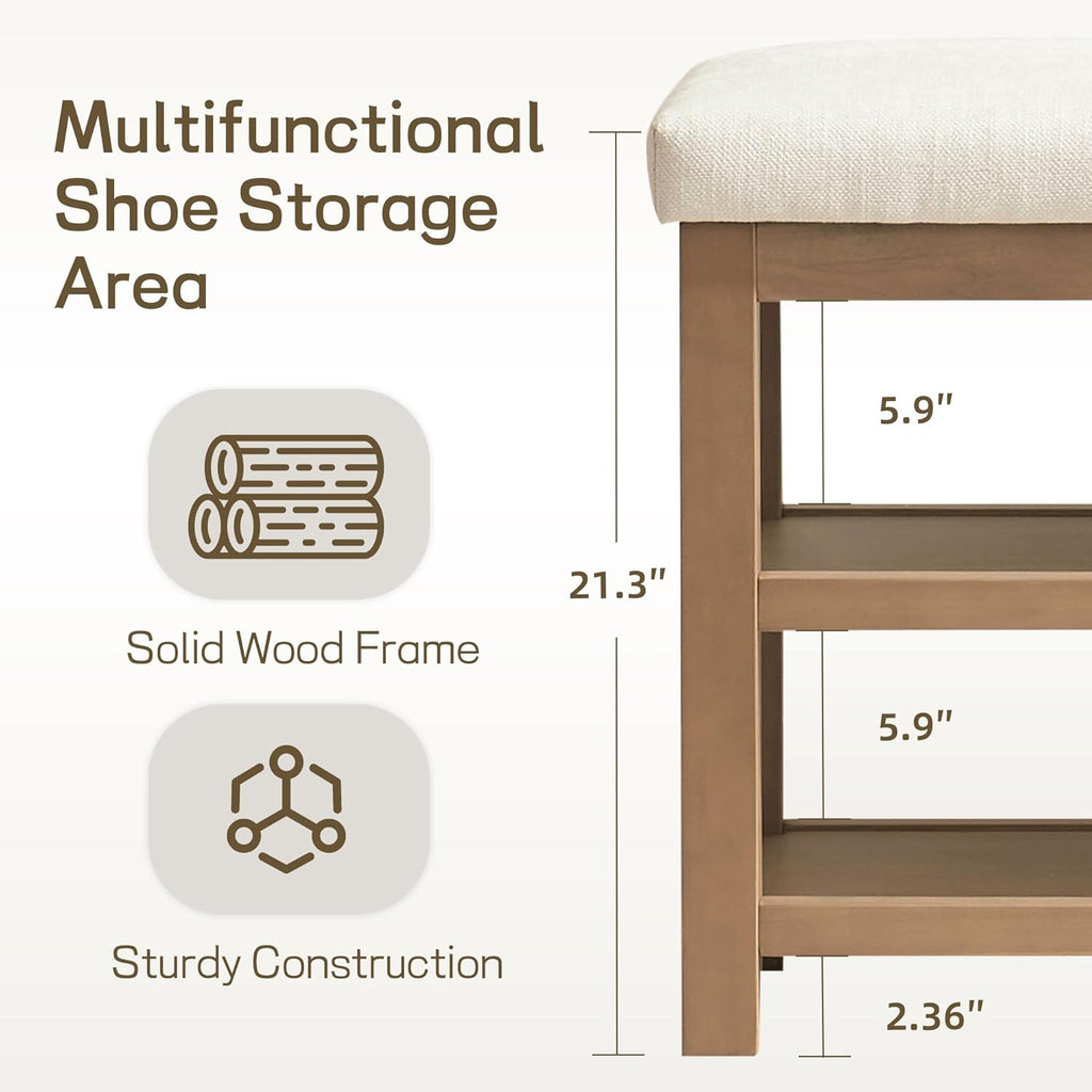 2 Tier Shoe Rack Bench with Cushion, Solid Wood Shoe Benches, Mid-Century Modern Shoe Storage Bench , Closet, Front
