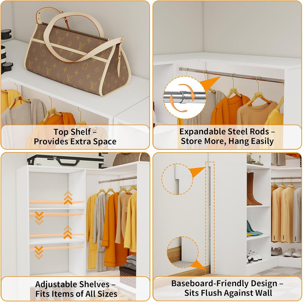 Corner Closet System with 6 Shelves, Custom 39.4"-78.8" Closet Organizer System with 3Hanging Rods, Walk in Corner