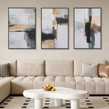 Large Neutral Abstract Wall Art Set of 3 Framed Canvas Prints, 24x36 Inch Modern Beige Black Abstract Paintings with