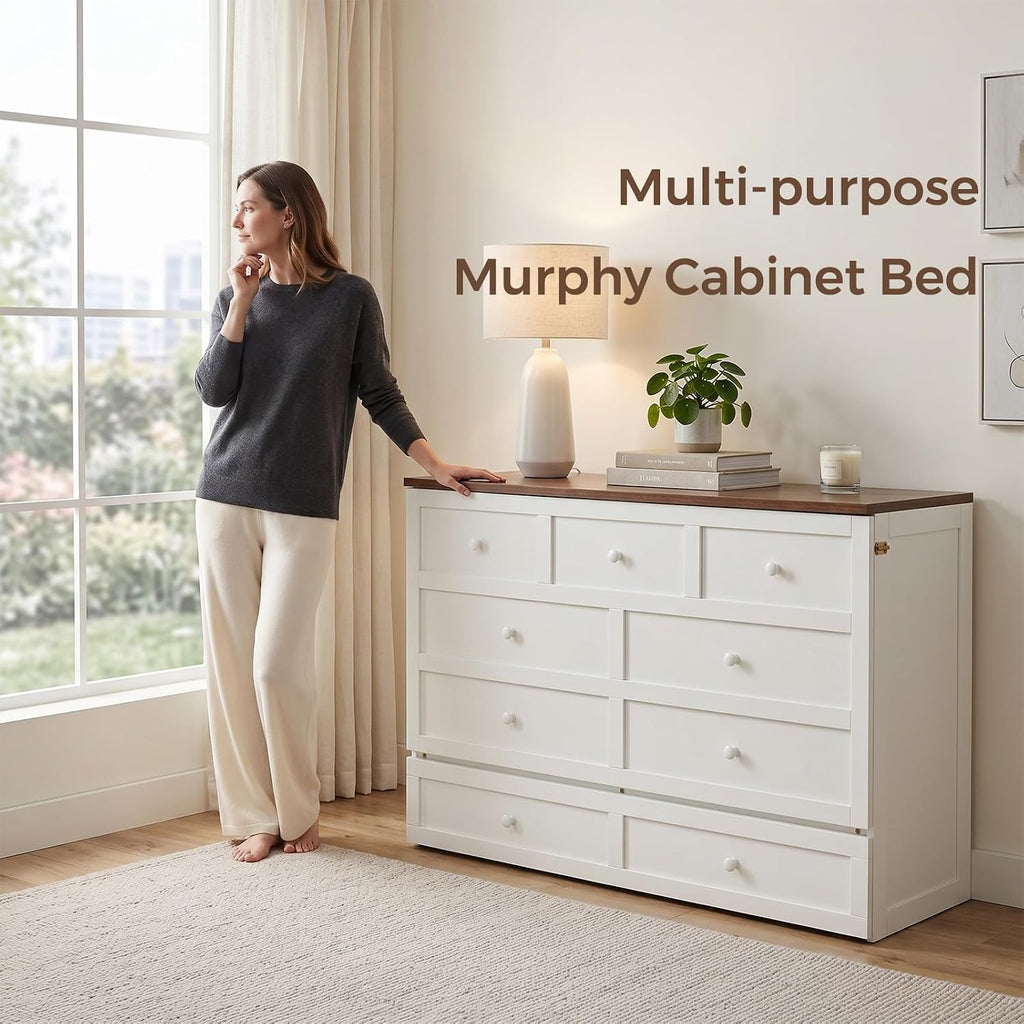 Queen Murphy Bed with Storage Drawer and USB Port, Wall Murphy Bed Frame with Charging Station, Foldable Cabinet