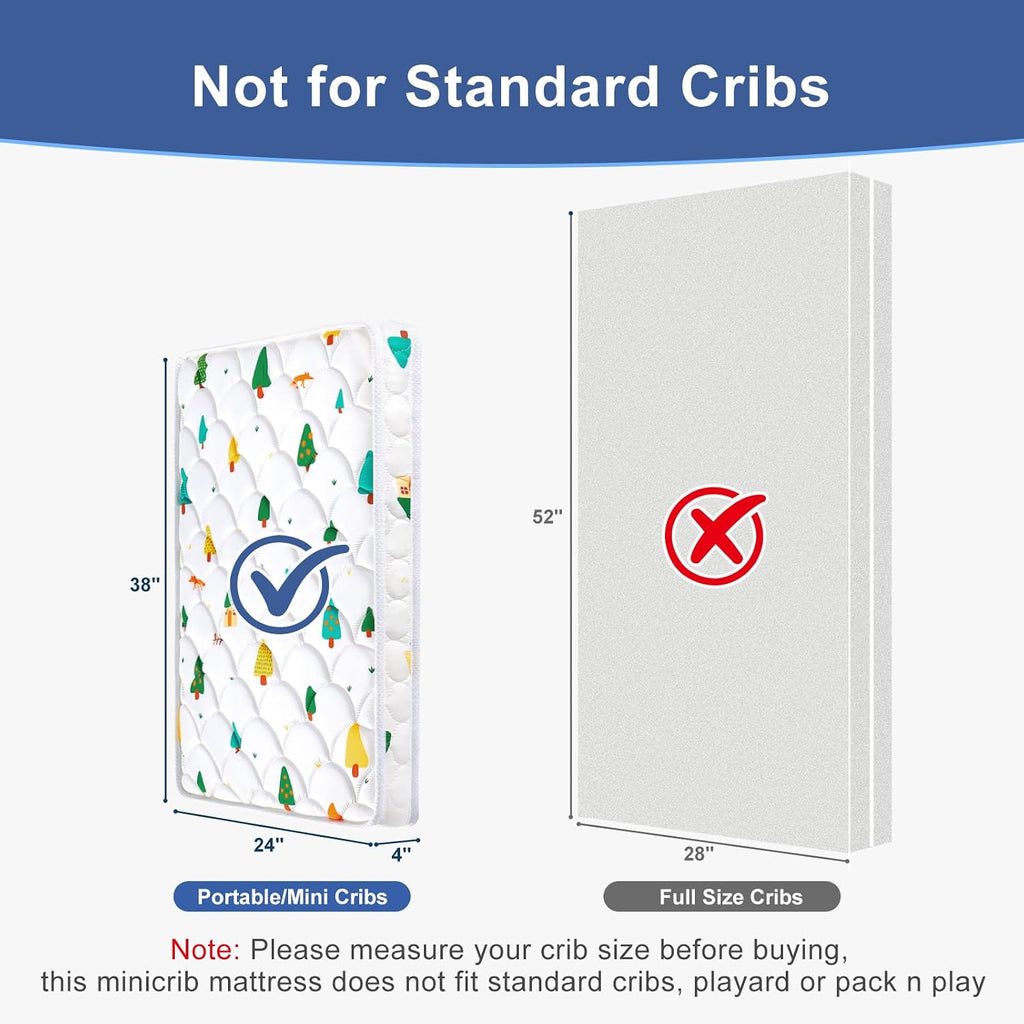 Mini Crib Mattress 38" x 24" x 4"- Firm Support and Comfort Premium Foam,Noiseless and Odorless,Hypoallergenic Mini