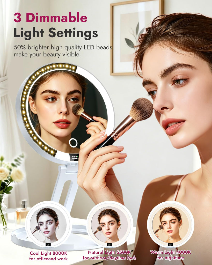 Lighted Travel Makeup Mirror with 20X Magnification & Smart Power Display, Rechargeable 2000mAh Double