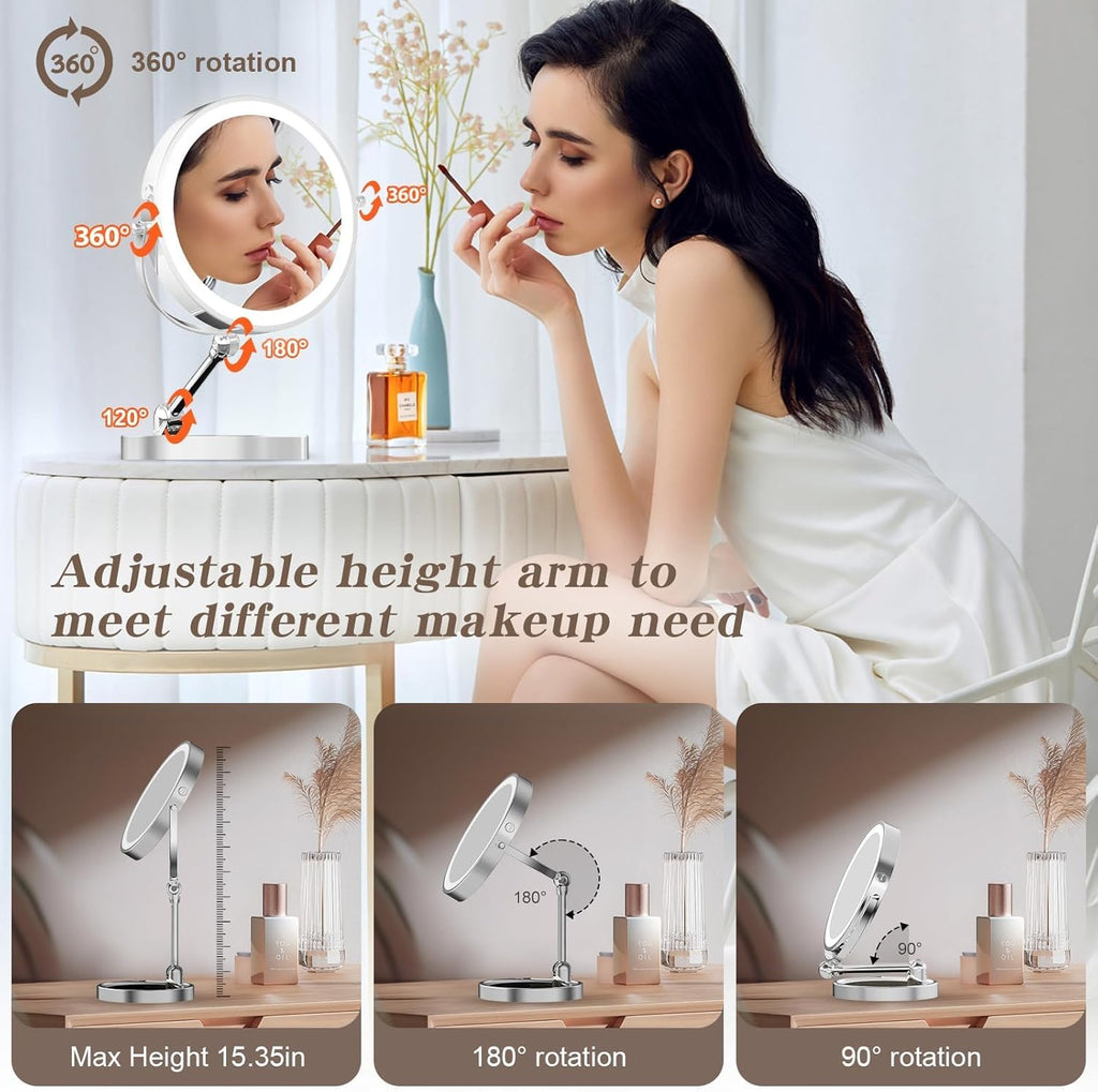 Tabletop Makeup Mirror with Built-in Vanity Tray, 9" Rechargeable 4000mAh Lighted Vanity Mirror 1X/10X Magnification