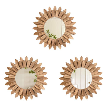 Boho Wall Decor Sunburst Mirror 3 Pack Rustic Round Wood Mirror 12 inch Boho Mirror Home Decor Farmhouse Room