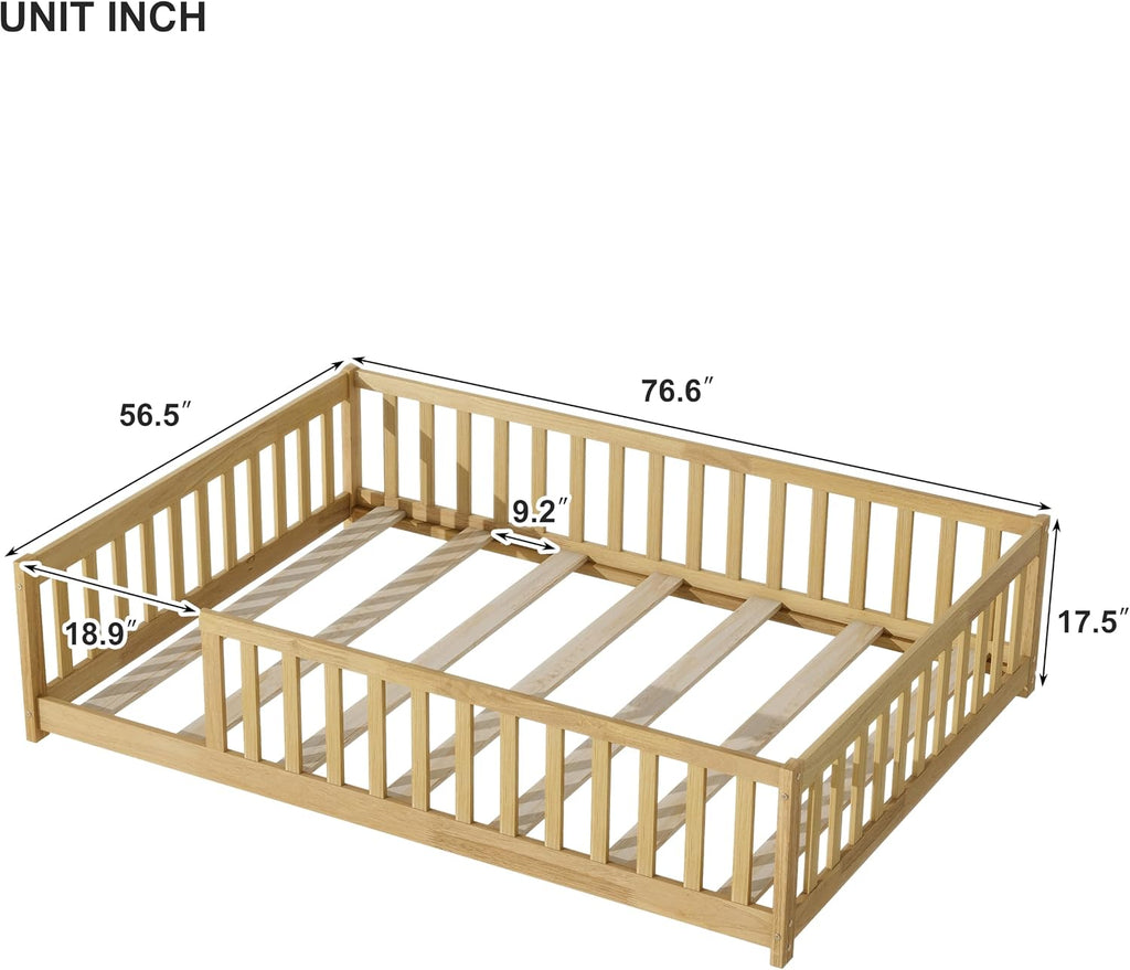 Full Size Montessori Bed Frame with Fence,Solid Wood Floor Bed with Slats for Kids,Boys,Girls,No Box Spring