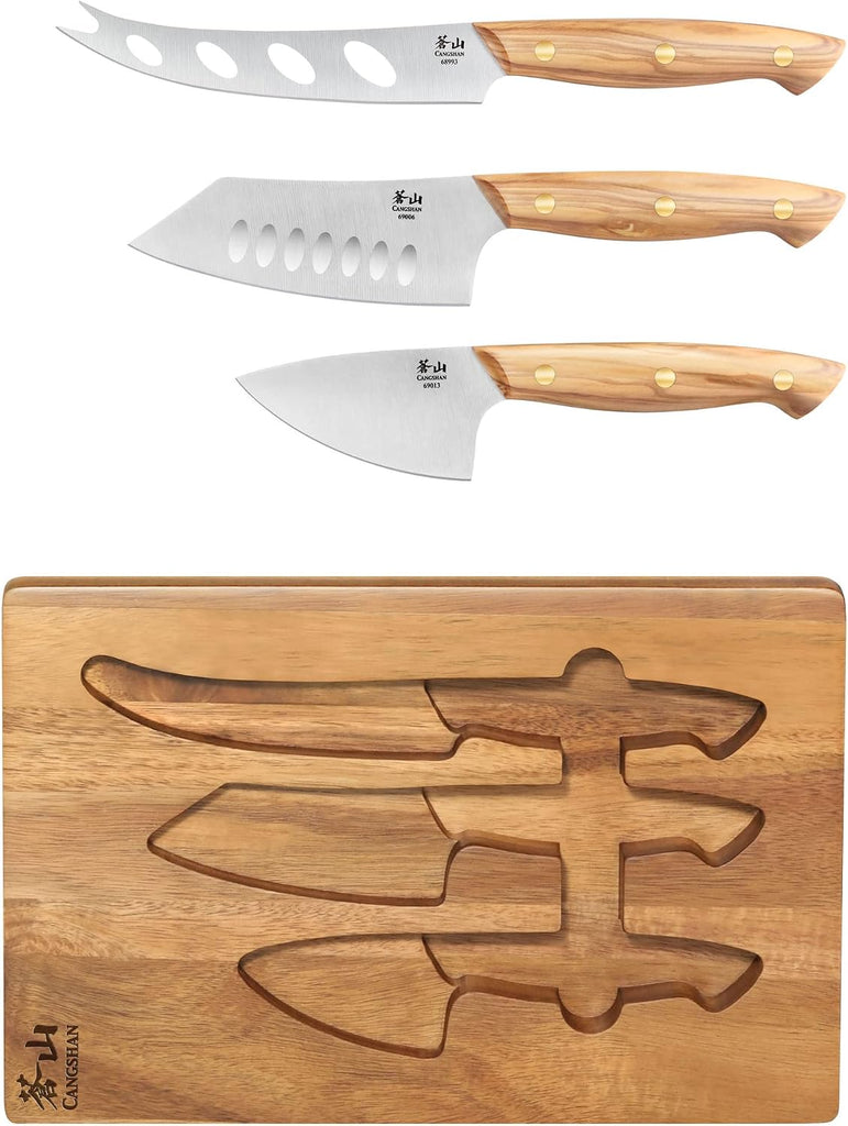 3-Piece Olive Wood Cheese Knife Set with Acacia Cheese Board