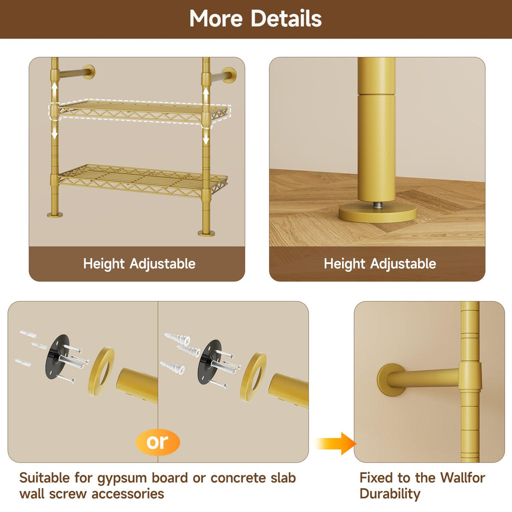 H4 Wall Mounted Closet System, Expandable Industrial Pipe Clothing Rack