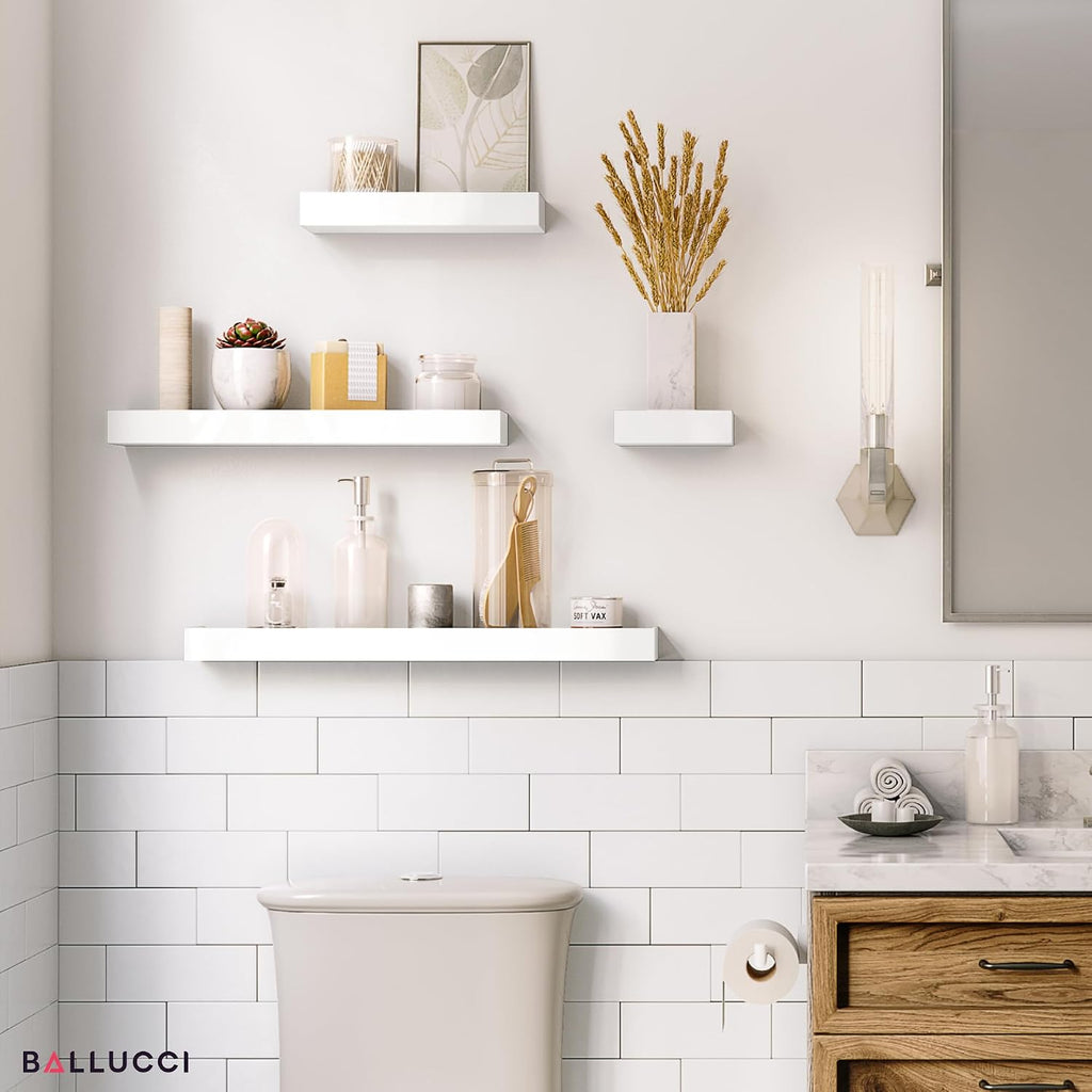 Modern Ledge Wall Shelves, Set of 4 Wood Floating Shelves , White