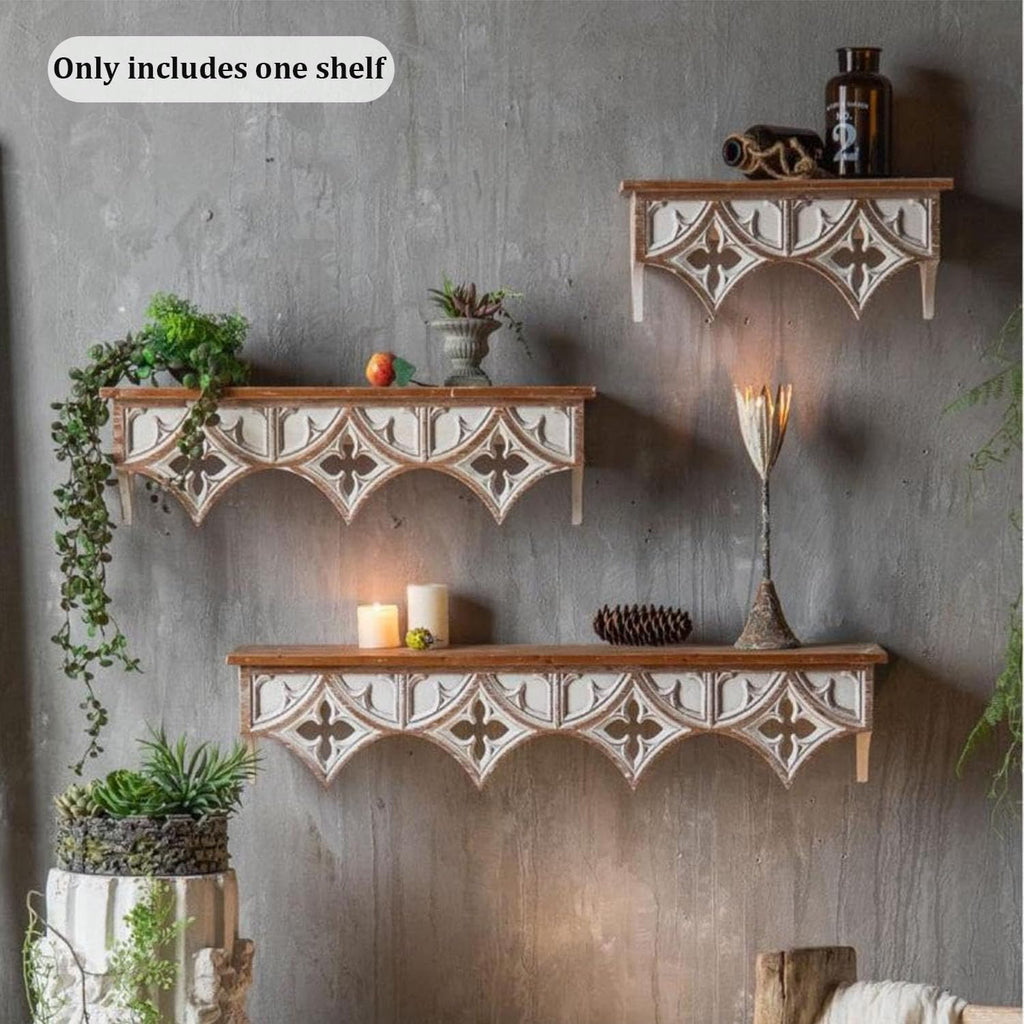 Retro Wall Shelf with Hollow Carving Patterns, Wood Floating Shelf Decorative Wall Mounted Shelf Vintage Hanging
