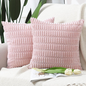 Pack of 2 Boho Striped Corduroy Throw Pillow Covers 20x20 Inch Light Pink Soft Decorative Cushion Cover for Sofa