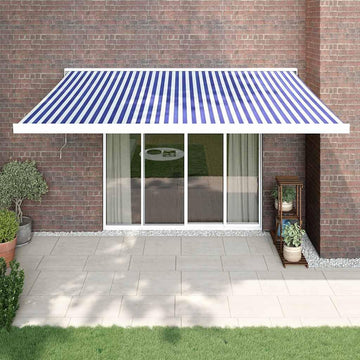 Motorized Retractable Patio Awning 4X Blue White Aluminum Folding Arm Wall-Mounted Sunshade UV Blocking for Deck