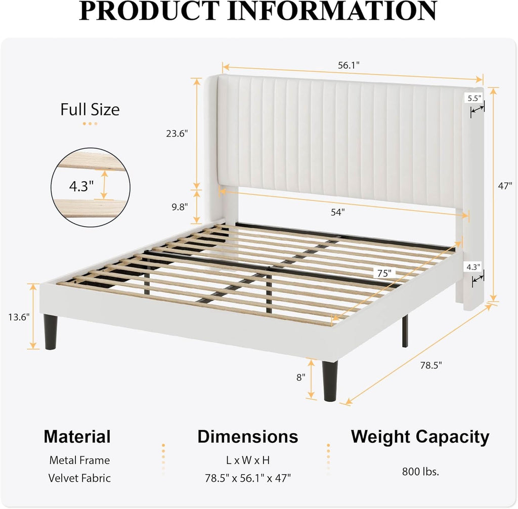 Full Velvet Bed Frame with Vertical Channel Tufted Wingback Headboard, Upholstered Platform Bed with Wood Slats