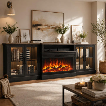 Black 98" Farmhouse TV Stand with 36" Fireplace for Living Room,Media Entertainment Center with Adjustable Shelves