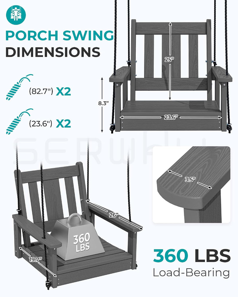 HDPE Single Porch Swing Set of 2, Heavy Duty Single Person Swing Chair with 2 Polypropylene Hanging Ropes, Adirondack
