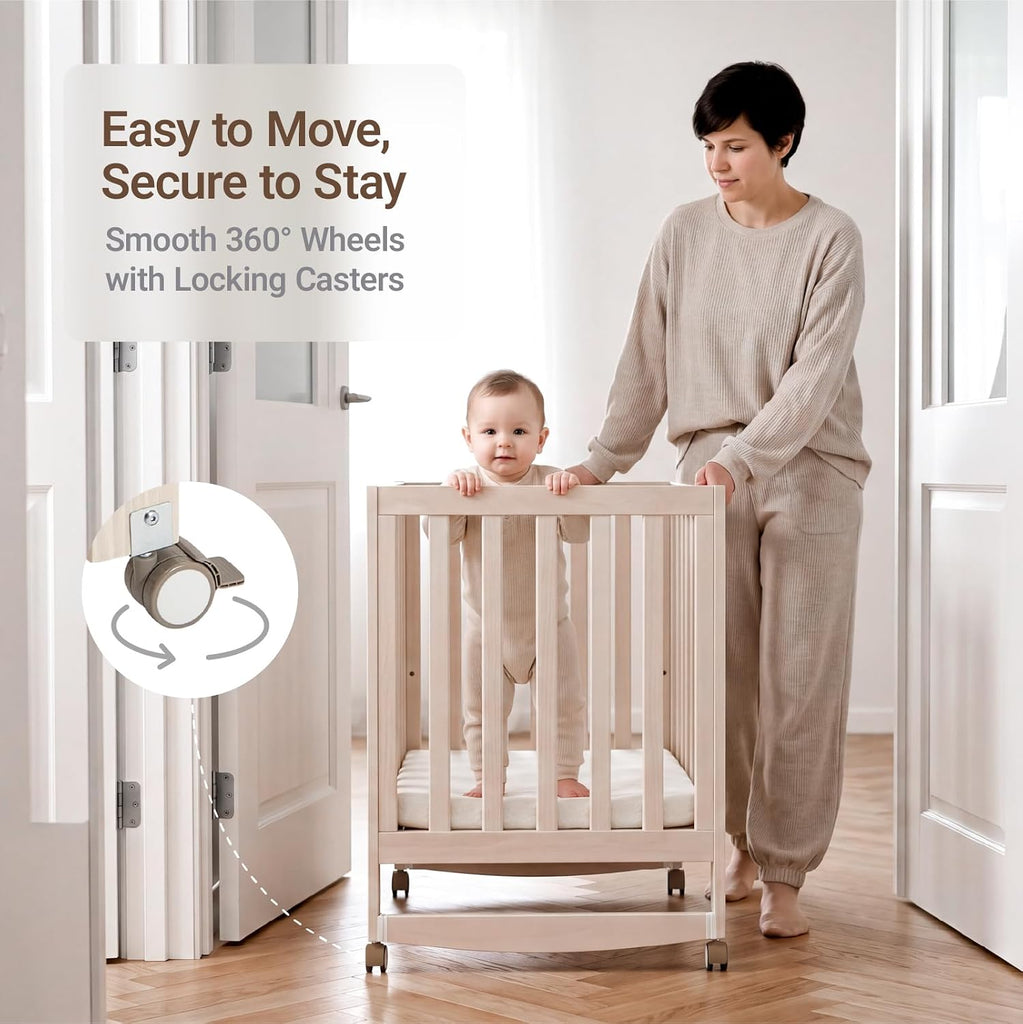 EvoNest 6-in-1 Convertible Baby Mini Crib with Wheels | GREENGUARD Gold Certified, New Zealand Pine Wood, 4