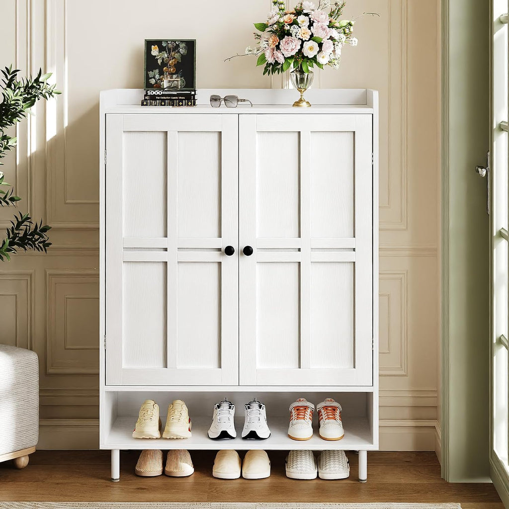White 7+1 Tier Farmhouse Shoe Storage Cabinet - 45" Tall Entryway Organizer with Cross Molding Doors, 3 Adjustable