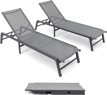 Aluminum Chaise Lounge Outdoor, Foldable & Assemble-Free Lounge Chair Outdoor Set of 2, Lounge Chair with 5