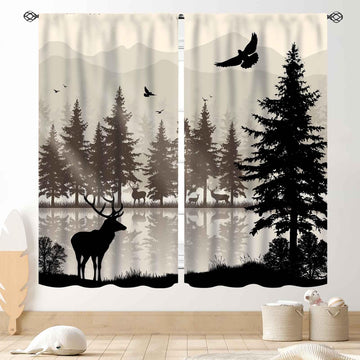 Farmhouse Deer Curtains, Retro Rustic Forest Lake Pine Tree Silhouette Country Lodge Cabin Cottage Vintage Blackout