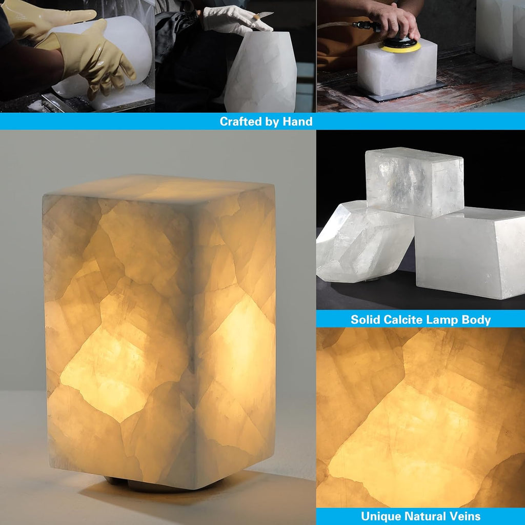 Natural Calcite Stone Table Lamp, Handcrafted Solid Stone Lamp with Unique Crystal Texture, Dimmable 3-Color LED