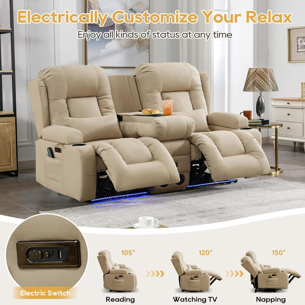 Power Loveseat Recliner Sofa with Flip-Up Backrest Console, Bluetooth Speakers, Drawer, AC Outlet, LED Light